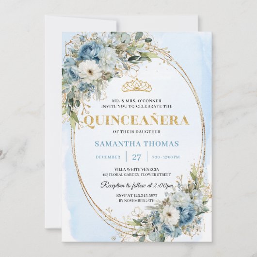 Chic Pastel Blue Gold Eucalyptus Quince Invitation 招待状 (正面)