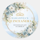 Chic Pastel Blue Gold Greenery Quinceañera Sticker ラウンドシール (正面)