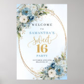 Chic Pastel Blue Greenery Sweet 16 Welcome Poster ポスター (正面)