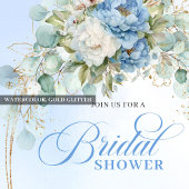 Chic Pastel Blue Peony Greenery Gold Bridal Shower 招待状