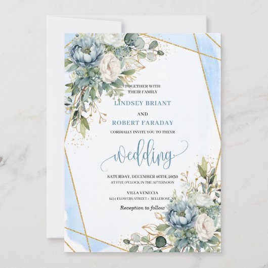 Chic Pastel Blue Sage Gold Floral Wedding Invites 招待状 (正面)