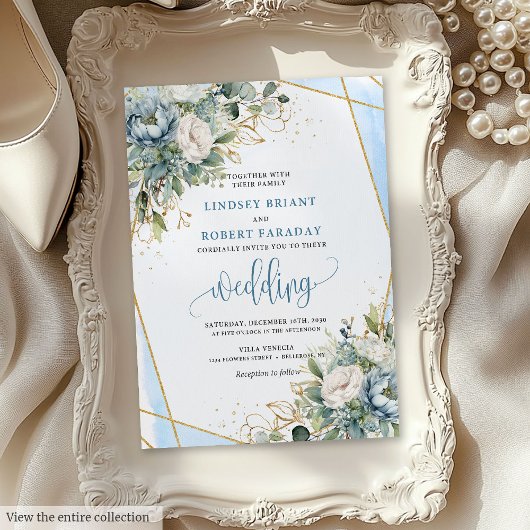 Chic Pastel Blue Sage Gold Floral Wedding Invites 招待状