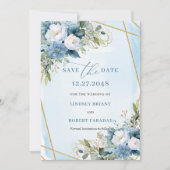 Chic Pastel Blue White Gold Floral Save The Date 招待状 (正面)