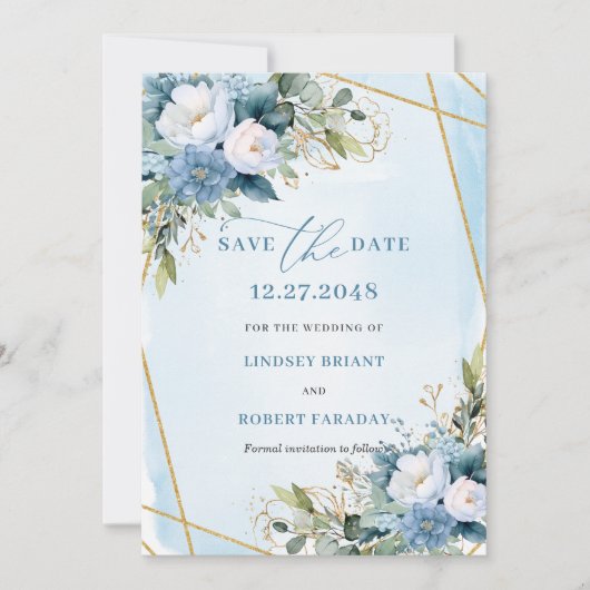 Chic Pastel Blue White Gold Floral Save The Date 招待状 (正面)