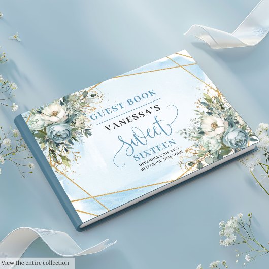Chic Pastel Blue White Gold Flowers Sweet Sixteen  ゲストブック