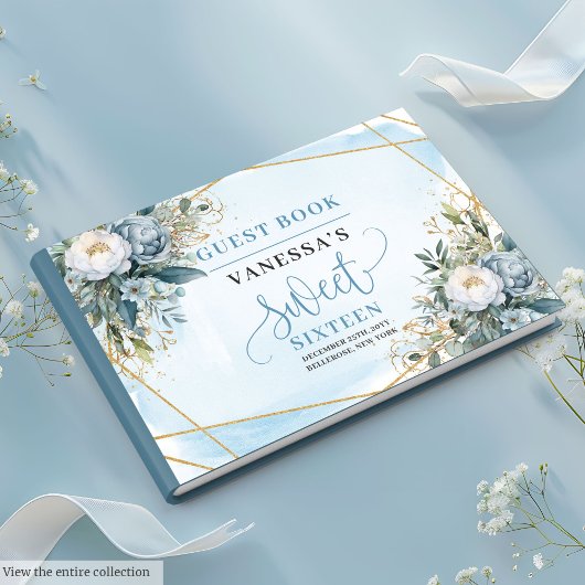 Chic Pastel Blue White Gold Flowers Sweet Sweet ゲストブック