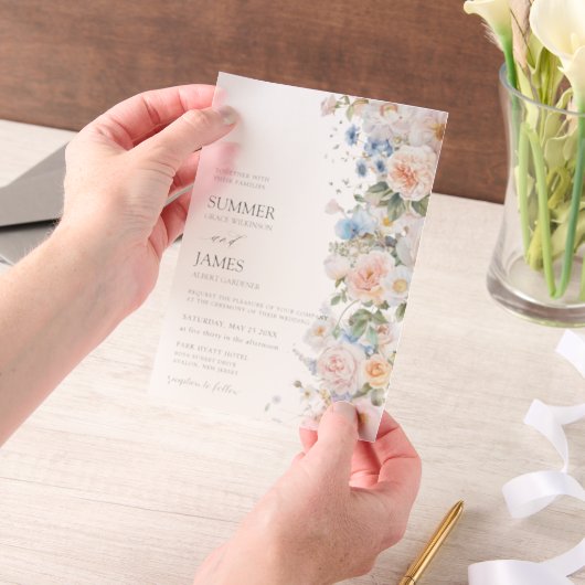 Chic Pastel Blush White Blue Roses Floral Wedding  ベラム紙招待状 (ポータブル)