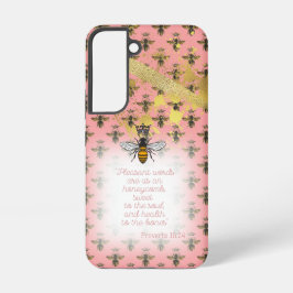 Chic Pastel Coral Gold Bee Grid Bible Queen Bee Samsung Galaxy S22ケース