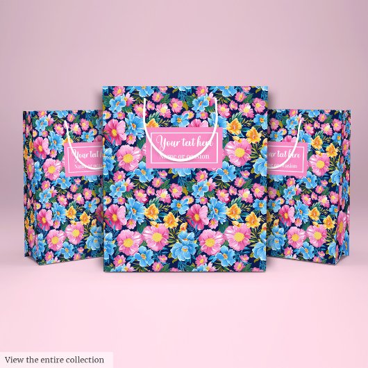Chic pastel pink and blue floral birthday gift bag ミディアムペーパーバッグ