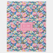 Chic pastel pink blue preppy floral gift blanket フリースブランケット (正面)