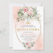 Chic Pastel Pink Boho Floral Quinceañera Invites 招待状 (正面)