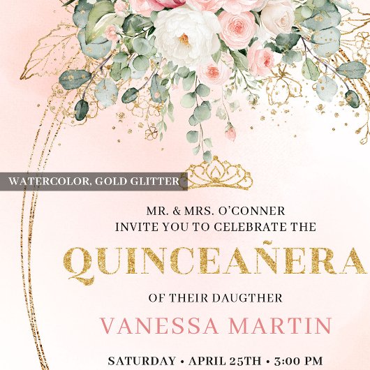 Chic Pastel Pink Boho Floral Quinceañera Invites 招待状