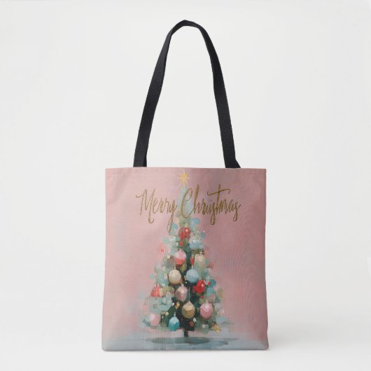 Chic Pastel Pink Christmas Tree Tote トートバッグ (正面)