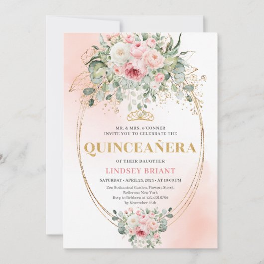 Chic Pastel Pink Eucalyptus Quinceañera Invite 招待状 (正面)