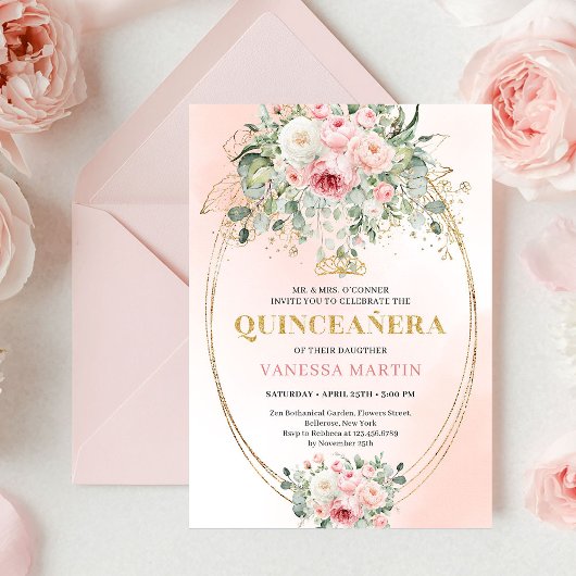 Chic Pastel Pink Eucalyptus Quinceañera Invite 招待状