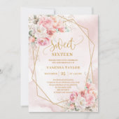 Chic Pastel Pink Gold Peonies Sweet 16 Invitation 招待状 (正面)