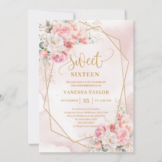 Chic Pastel Pink Gold Peonies Sweet 16 Invitation 招待状 (正面)