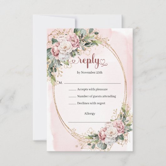 Chic Pastel Pink Greenery Wedding RSVP Card (正面)