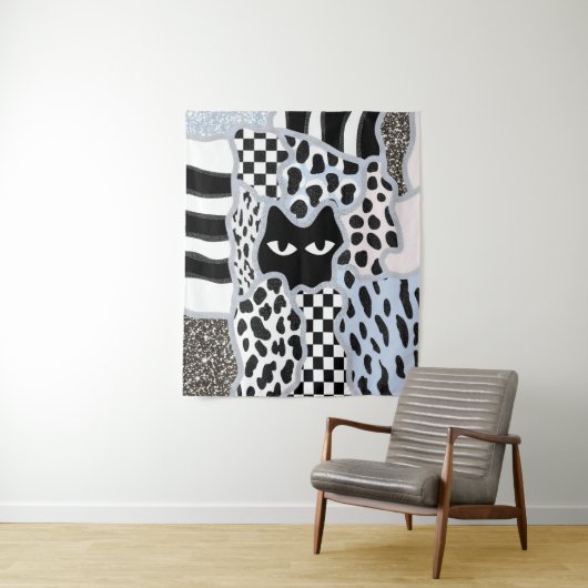 Chic Patchwork Suspicious Black Cat Gingham & Chec タペストリー (インサイチュ)