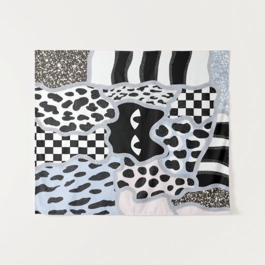 Chic Patchwork Suspicious Black Cat Gingham & Chec タペストリー (正面(横))