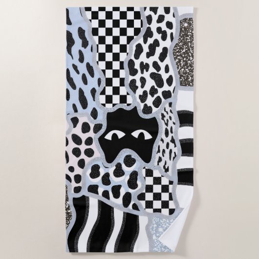 Chic Patchwork Suspicious Black Cat Gingham & Chec ビーチタオル (正面)