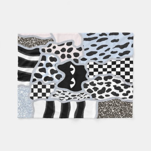 Chic Patchwork Suspicious Black Cat Gingham & Chec フリースブランケット (正面(横))