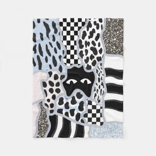 Chic Patchwork Suspicious Black Cat Gingham & Chec フリースブランケット (正面)