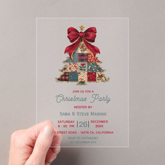 chic patchwork tree bow christmas party アクリル招待状 (インサイチュ (ポータブル))