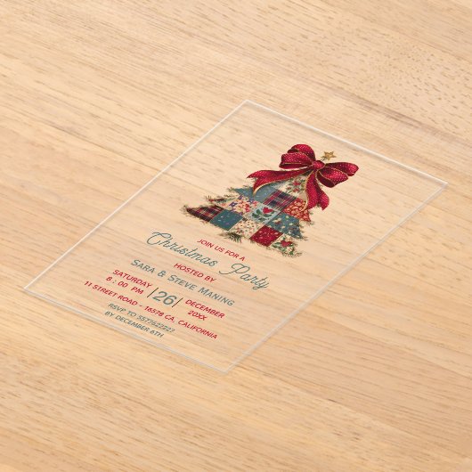 chic patchwork tree bow christmas party アクリル招待状 (レイダウン)