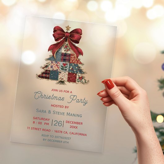 chic patchwork tree bow christmas party アクリル招待状