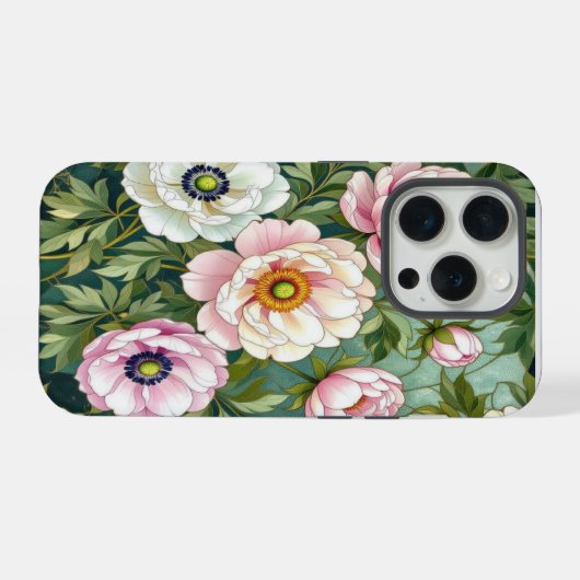 Chic peonies anemones stained Glass effect  iPhoneケース (裏面横)
