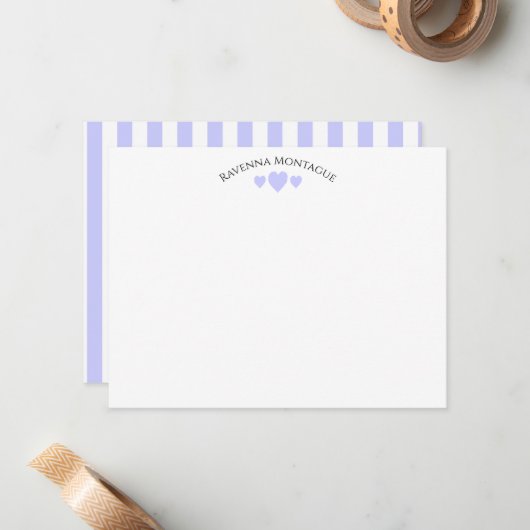 Chic Periwinkle Cracked Hearts Striped Note Card ノートカード (正面/裏面インサイチュ)