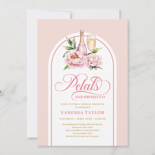 Chic petals and prosecco blush gold bridal shower 招待状 (正面)