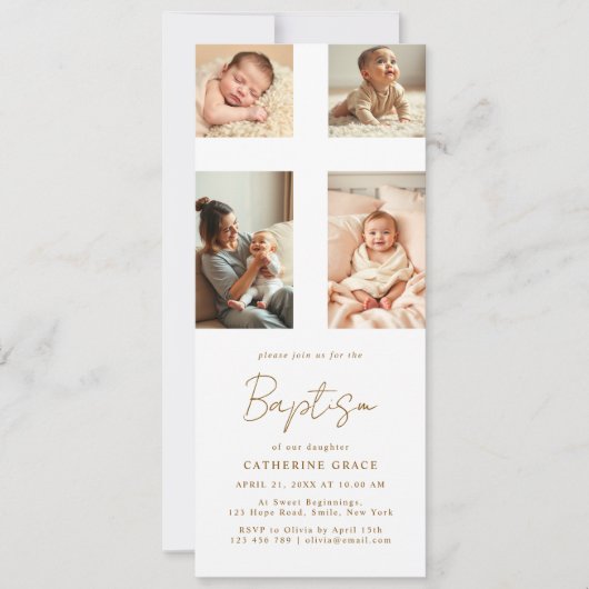 Chic Photo Collage Cross Baby Baptism 招待状 (正面)