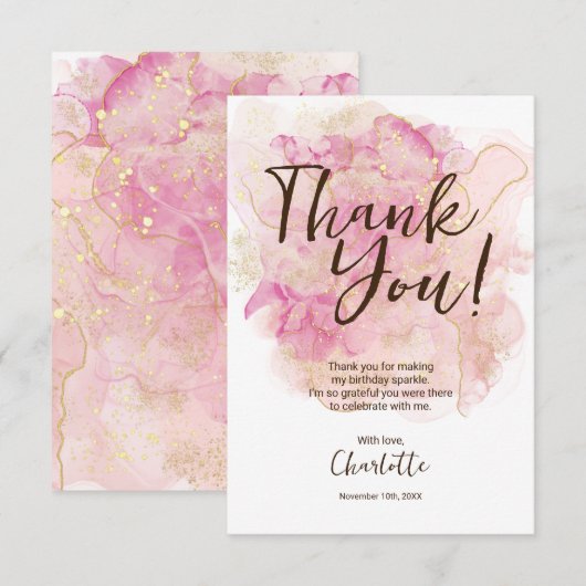 Chic Pink and Gold Watercolor Sweet 16 Party  サンキューカード (正面/裏面)