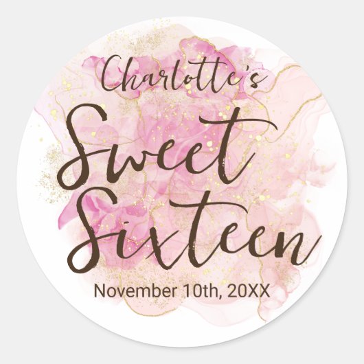 Chic Pink and Gold Watercolor Sweet 16 Party  ラウンドシール (正面)