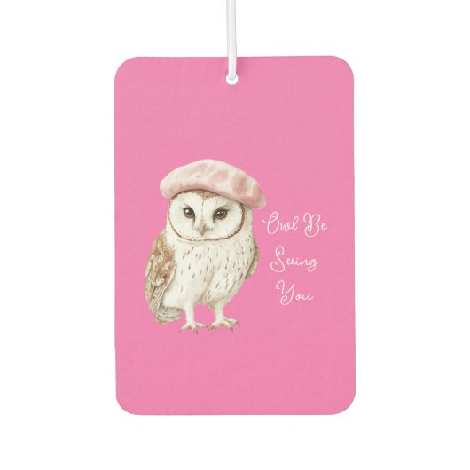 Chic Pink Beret Brown White Owl Be Seeing You カーエアーフレッシュナー (正面)
