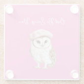 Chic Pink Beret Brown White Owl Be Seeing You ガラスコースター (裏面)