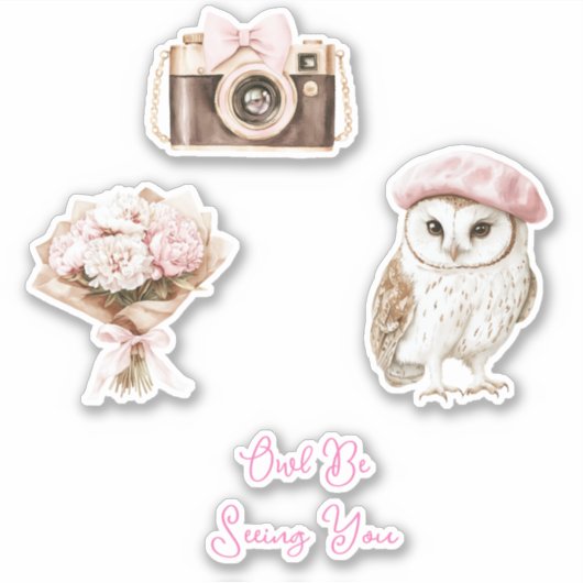 Chic Pink Beret Brown White Owl Be Seeing You シール (正面)