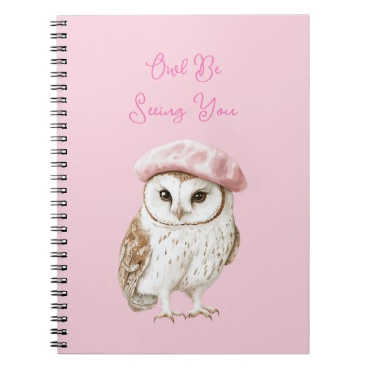 Chic Pink Beret Brown White Owl Be Seeing You ノートブック (正面)