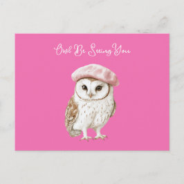 Chic Pink Beret Brown White Owl Be Seeing You ポストカード