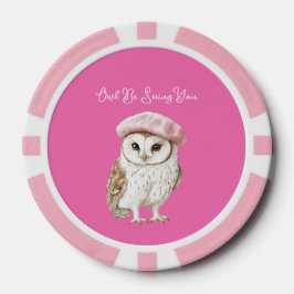 Chic Pink Beret Brown White Owl Be Seeing You ポーカーチップ