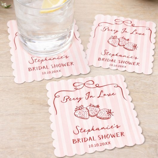 Chic Pink Berry In Love Bridal Shower Personalized ペーパーコースター