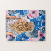 Chic Pink Blue Summer Floral Blond Girl ジグソーパズル (横)