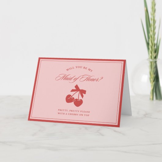 Chic Pink Bow & Cherry Maid of Honor Proposal Card サンキューカード (正面)