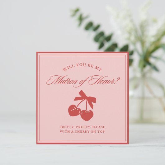 Chic Pink Bow Cherry Matron of Honor Proposal Card 招待状 (スタンド正面)