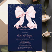 Chic Pink Bow Confetti Navy Blue Quinceañera   招待状