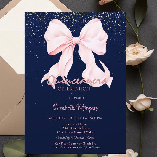 Chic Pink Bow Confetti Navy Blue Quinceañera   招待状