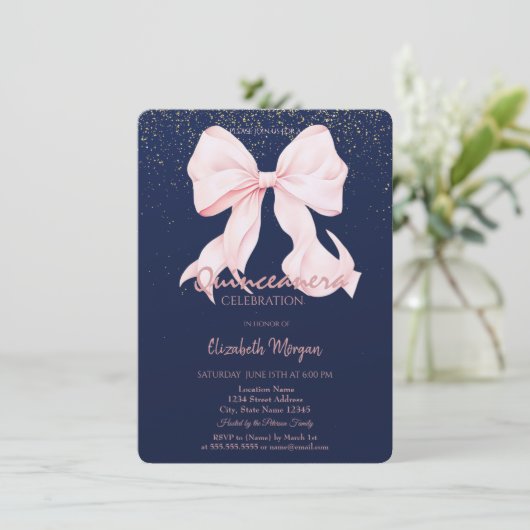 Chic Pink Bow Confetti Navy Blue Quinceañera   招待状 (スタンド正面)