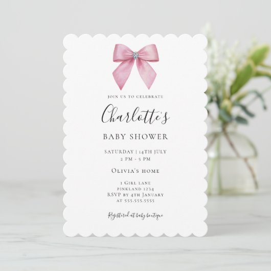 Chic Pink Bow Girl Baby Shower Invitation 招待状 (スタンド正面)
